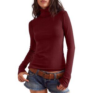 Women's Undershirts All Red Long Shirt Sleeve Ribbed Fit Slim Top Tees